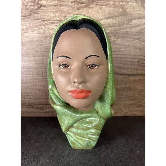Vintage Female Head Bust Hand Painted Chalk Ware Green Head Scarf Ceramic - Picture 1 of 16